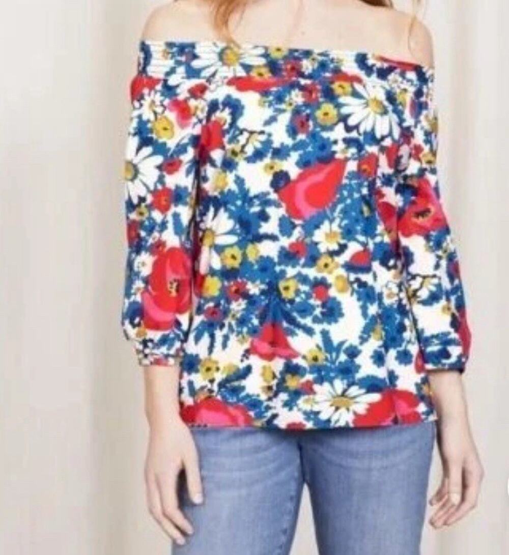 Boden Floral Cotton Edie Blouse Off the Shoulder Retro Sz 8 Artsy Whimsical